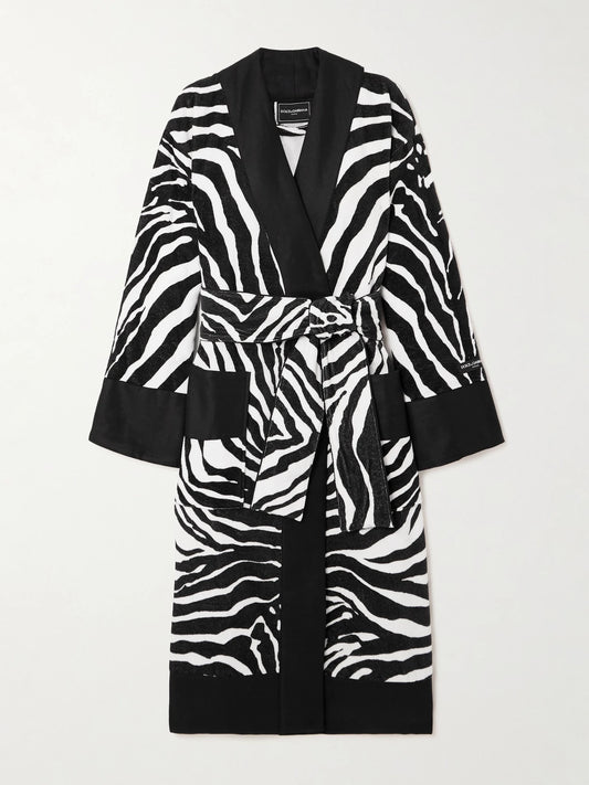 Image of Lingerie. Product name - Belted Zebra-print Cotton-terry Robe in Zebra print colour by brand - Dolce & Gabbana