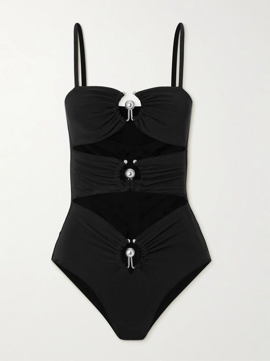 Image of Swimwear. Product name - Cutout Embellished Swimsuit in Black colour by brand - Christopher Esber