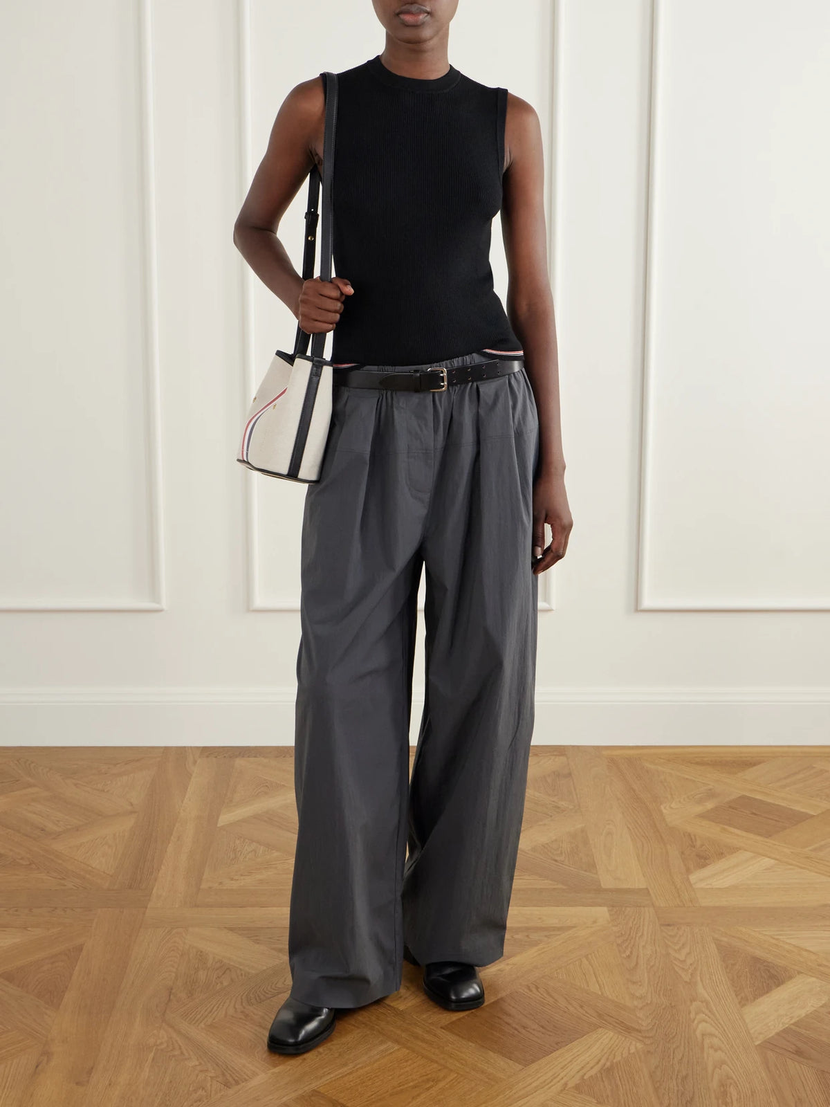 Thom Browne Striped Leather-trimmed Canvas Bucket Bag