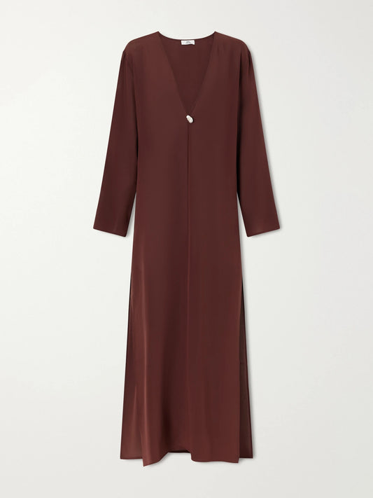 Image of Dresses. Product name - Pearl-embellished Silk-chiffon Kaftan in Brown colour by brand - Sara Cristina