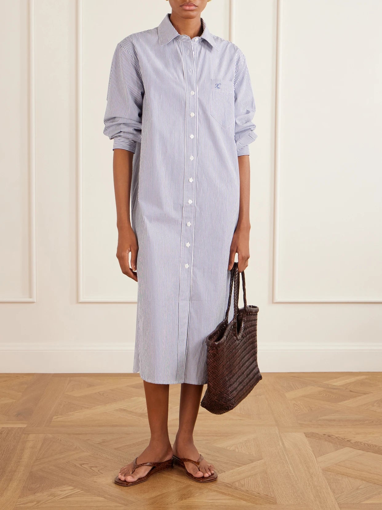 Image of Dresses. Product name - Stella Striped Cotton-poplin Midi Shirt Dress in Blue colour by brand - Suzie Kondi