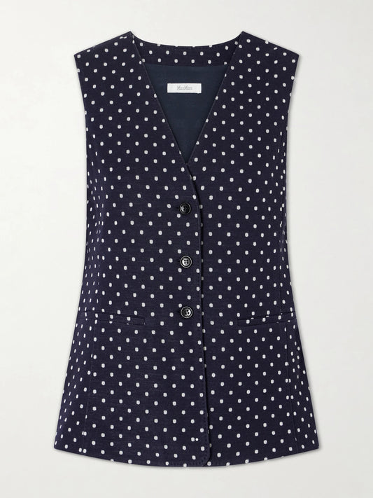 Image of a model wearing Outerwear. Product name - Polka-dot Woven Waistcoat in Navy colour by brand - Max Mara