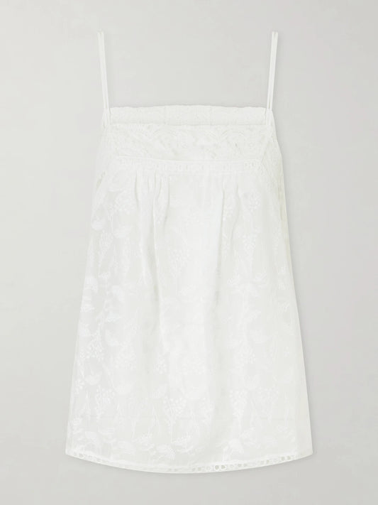 Image of Sleepwear & Loungewear. Product name - Amande Embroidered Lace-trimmed Cotton-blend Voile Top in White colour by brand - Eres
