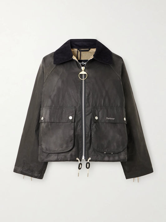 Image of Coats & Jackets. Product name - Marron Leather And Corduroy-trimmed Waxed-cotton Jacket in Dark gray colour by brand - Barbour