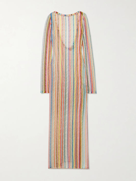 Image of Dresses. Product name - Mare Striped Metallic Crochet-knit Maxi Dress in Multi colour by brand - Missoni
