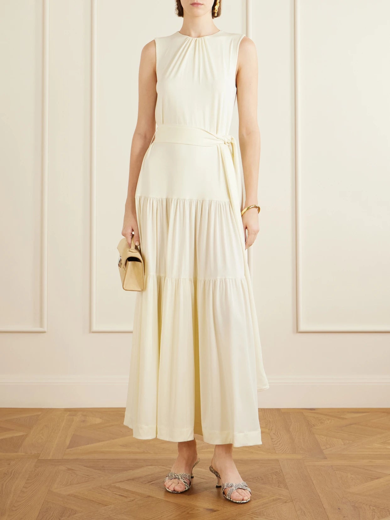 Image of Dresses. Product name - Liza Belted Tiered Gathered Jersey Maxi Dress in Ivory colour by brand - Altuzarra