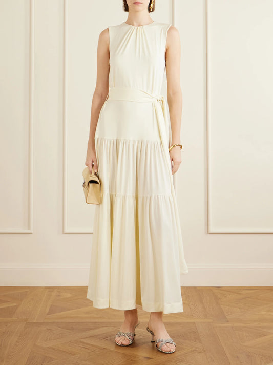 Image of Dresses. Product name - Liza Belted Tiered Gathered Jersey Maxi Dress in Ivory colour by brand - Altuzarra