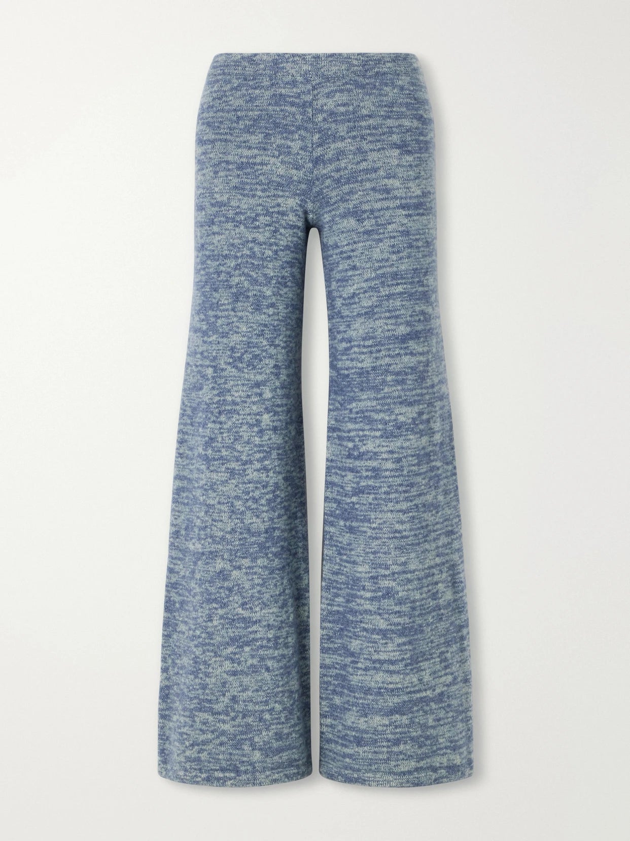 Image of a model wearing Outerwear. Product name - Nimbus Knitted Cashmere And Silk-blend Wide-leg Pants in Blue colour by brand - The Elder Statesman