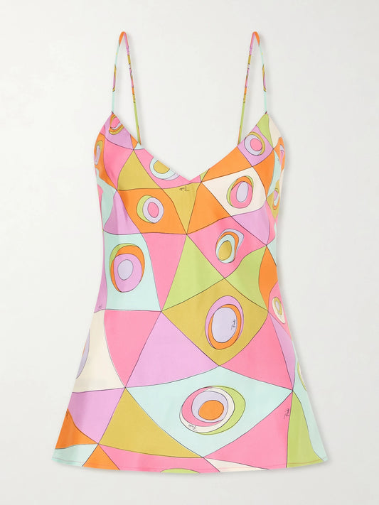 Image of a model wearing Tops. Product name - Printed Silk-twill Tank in Pink colour by brand - PUCCI