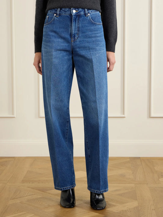 Leather-trimmed High-waist Wide-leg Jeans
