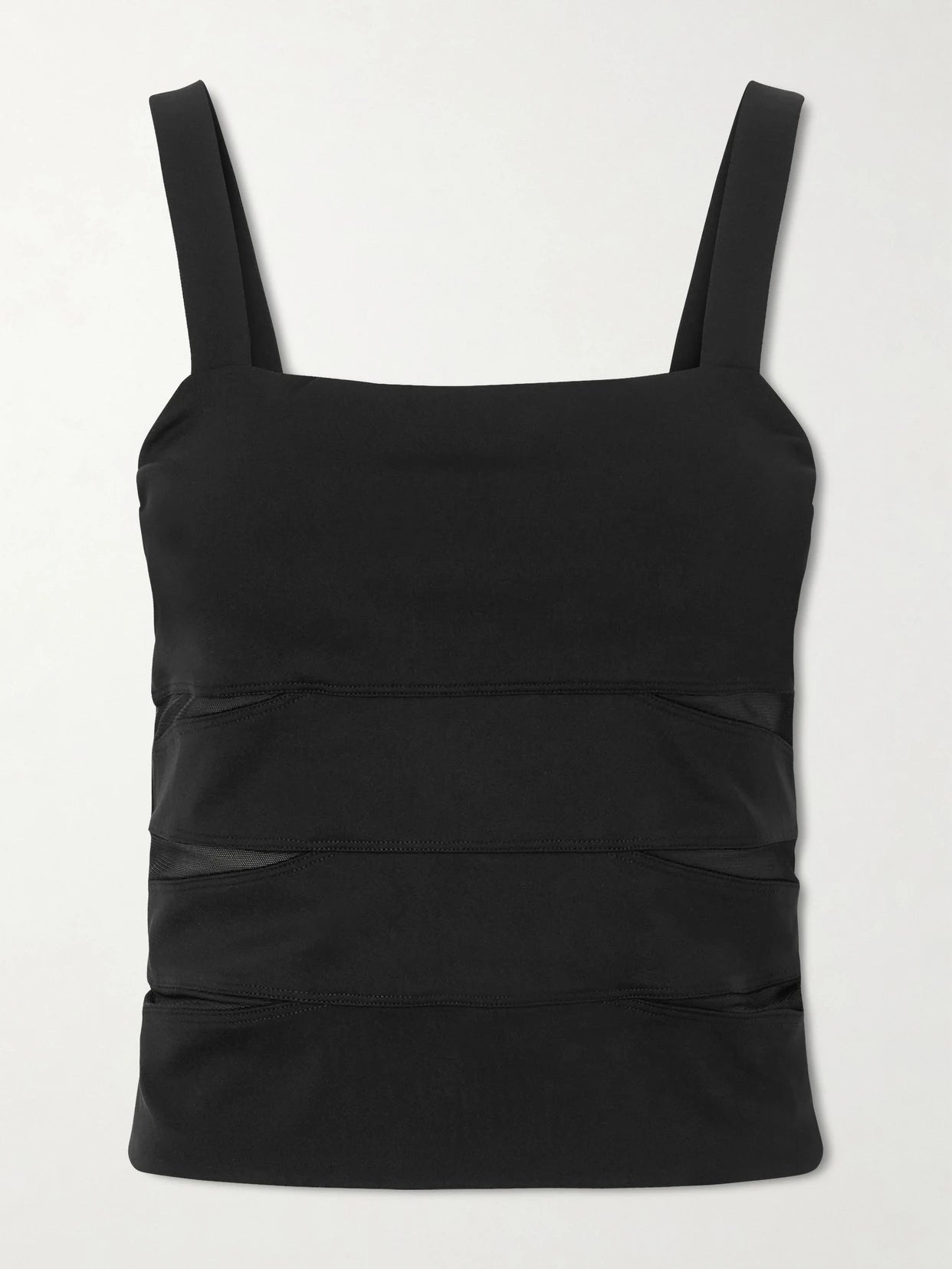 Image of a model wearing Tops. Product name - Morgan Mesh-paneled Stretch-jersey Tank in Black colour by brand - Eres