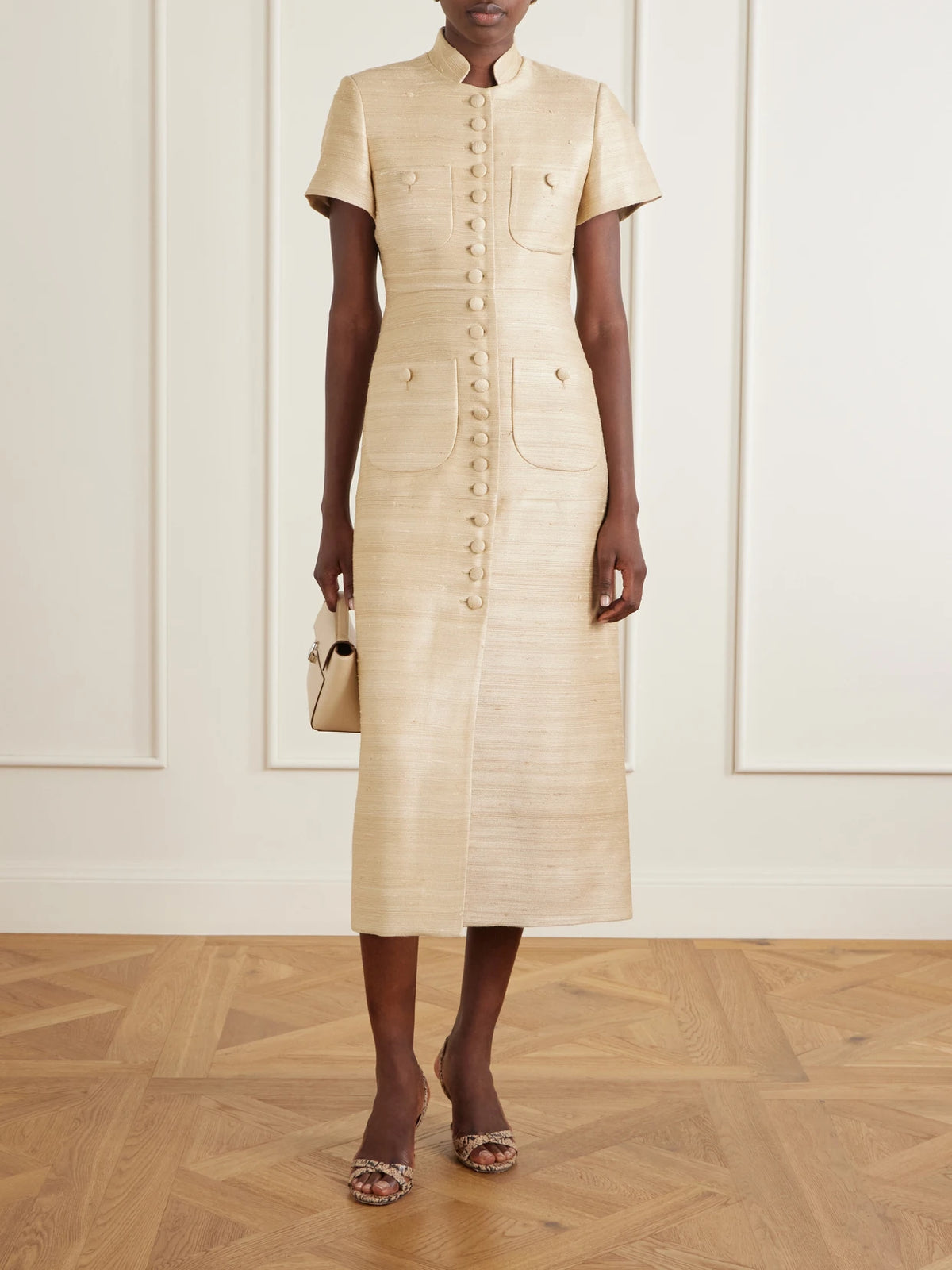 Image of Dresses. Product name - Imperial Silk-blend Midi Dress in Gold colour by brand - LIBEROWE