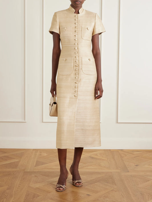 Image of Dresses. Product name - Imperial Silk-blend Midi Dress in Gold colour by brand - LIBEROWE