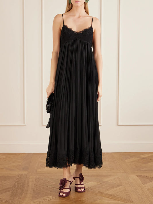 Image of Dresses. Product name - Pleated Lace-trimmed Chiffon Midi Dress in Black colour by brand - Zimmermann