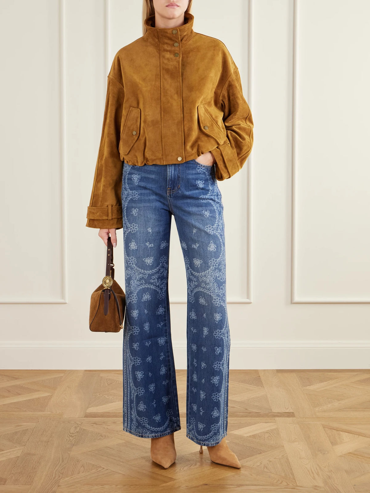 Image of Coats & Jackets. Product name - Bateman Cropped Suede Jacket in Tan colour by brand - Veronica Beard