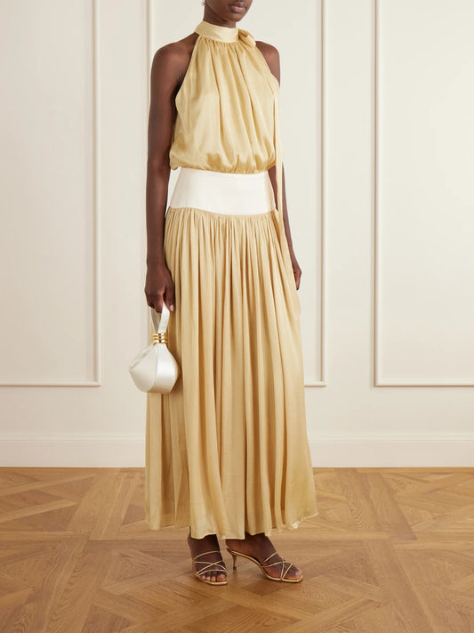 Image of Dresses. Product name - Knotted Satin-trimmed Crepon Halterneck Midi Dress in Yellow colour by brand - Abadia