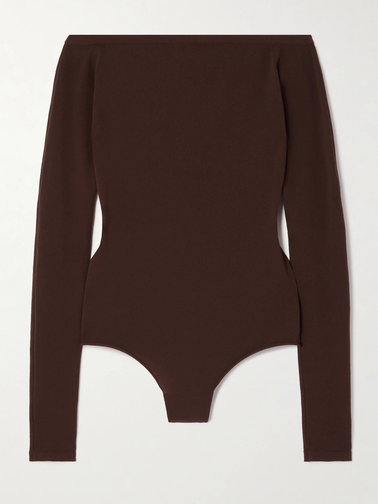 Image of a model wearing Tops. Product name - Off-the-shoulder Stretch-jersey Bodysuit in Brown colour by brand - Alaïa