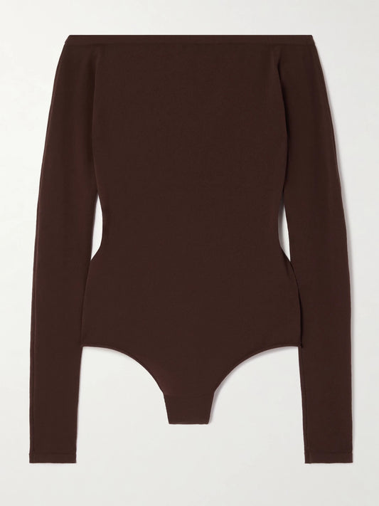 Image of a model wearing Tops. Product name - Off-the-shoulder Stretch-jersey Bodysuit in Brown colour by brand - Alaïa