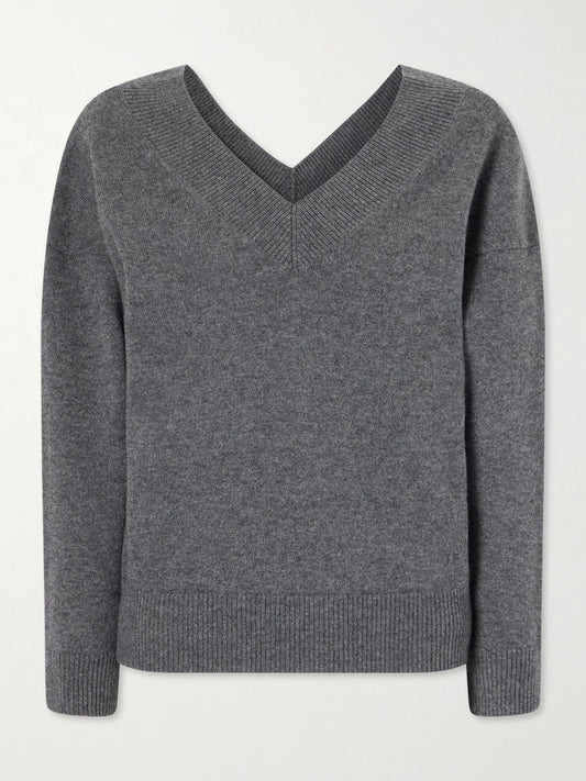 Image of a model wearing Outerwear. Product name - Off-the-shoulder Cashmere Top in Gray colour by brand - TOM FORD