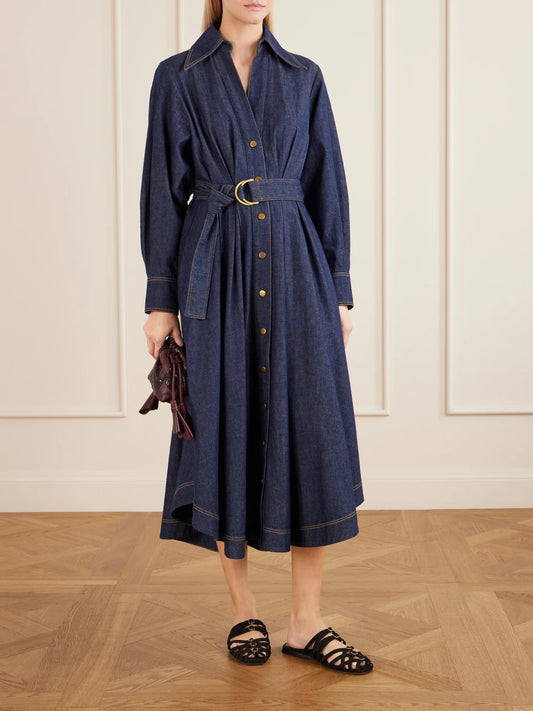 Image of Dresses. Product name - Belted Denim Midi Dress in Blue colour by brand - Zimmermann