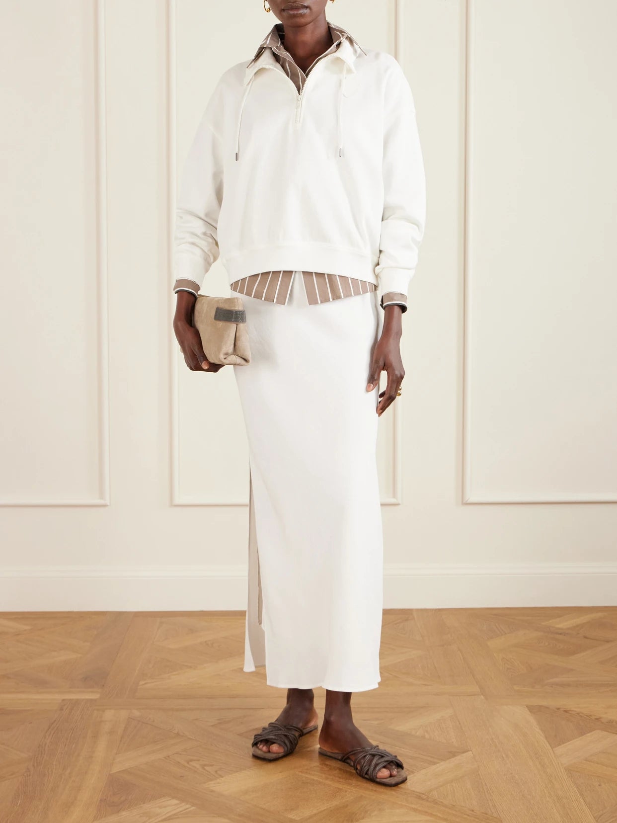 Image of Sleepwear & Loungewear. Product name - Appliquéd Cotton-blend Piqué Sweatshirt in Off-white colour by brand - Brunello Cucinelli