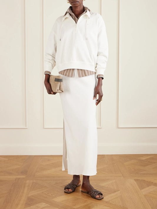 Image of Sleepwear & Loungewear. Product name - Appliquéd Cotton-blend Piqué Sweatshirt in Off-white colour by brand - Brunello Cucinelli