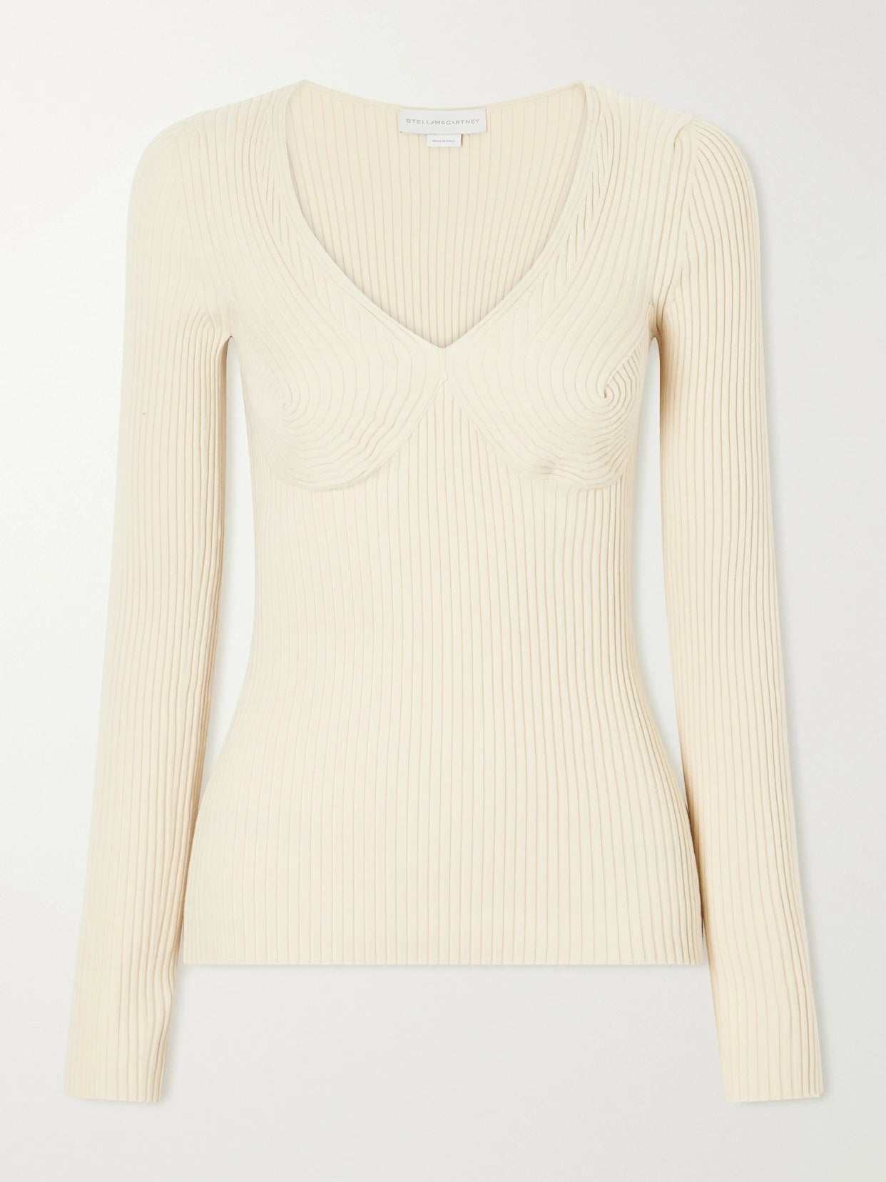Image of a model wearing Outerwear. Product name - Ribbed Cotton-blend Sweater in Ivory colour by brand - Stella McCartney