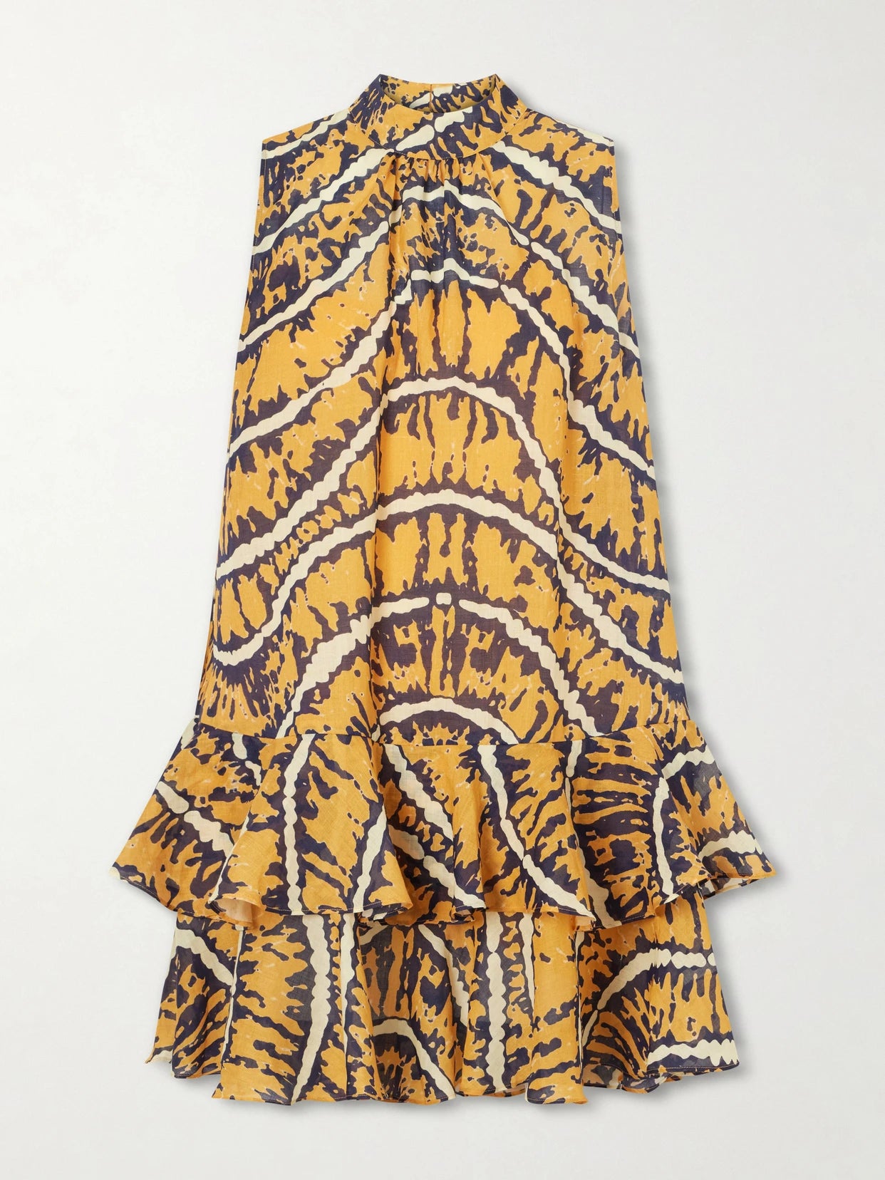 Image of Dresses. Product name - Ripple Tiered Printed Ramie Mini Dress in Yellow colour by brand - ALÉMAIS