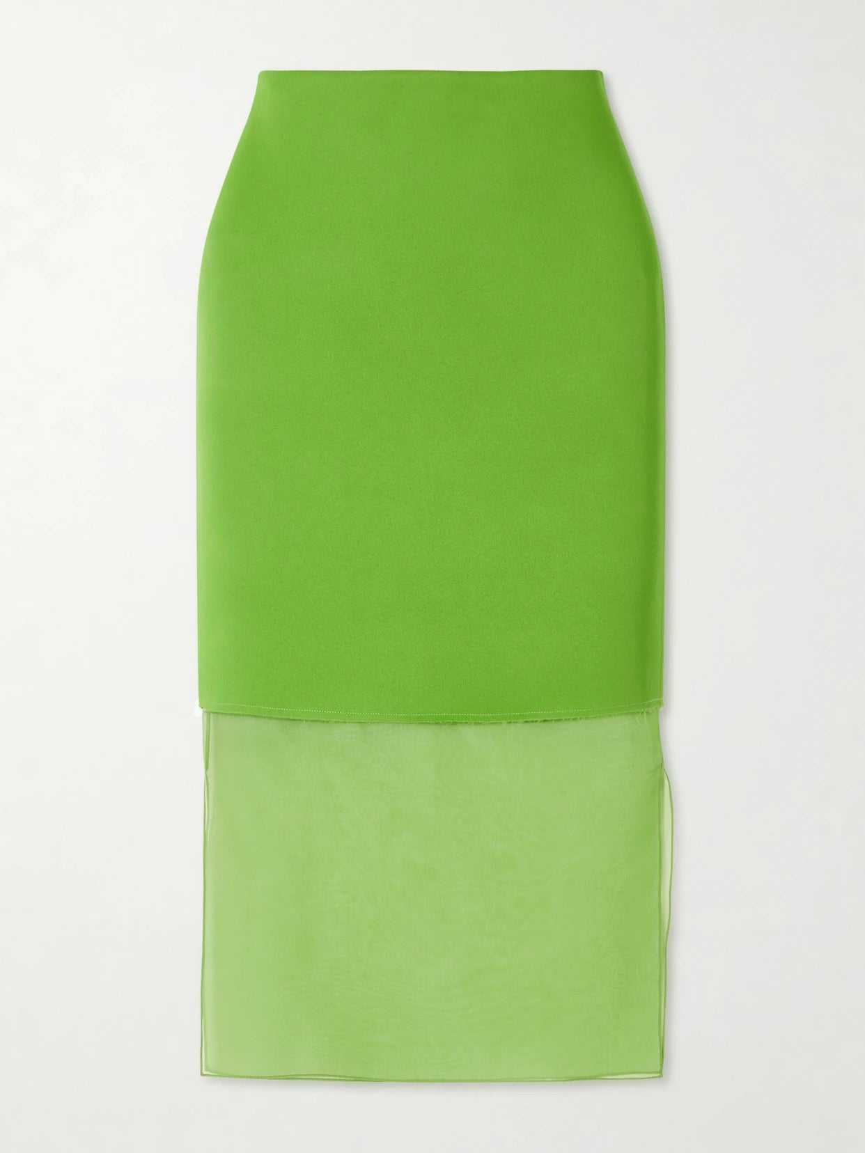 Image of a model wearing Skirts. Product name - Sybil Layered Frayed Satin-crepe And Organza Midi Skirt in Bright green colour by brand - KHAITE
