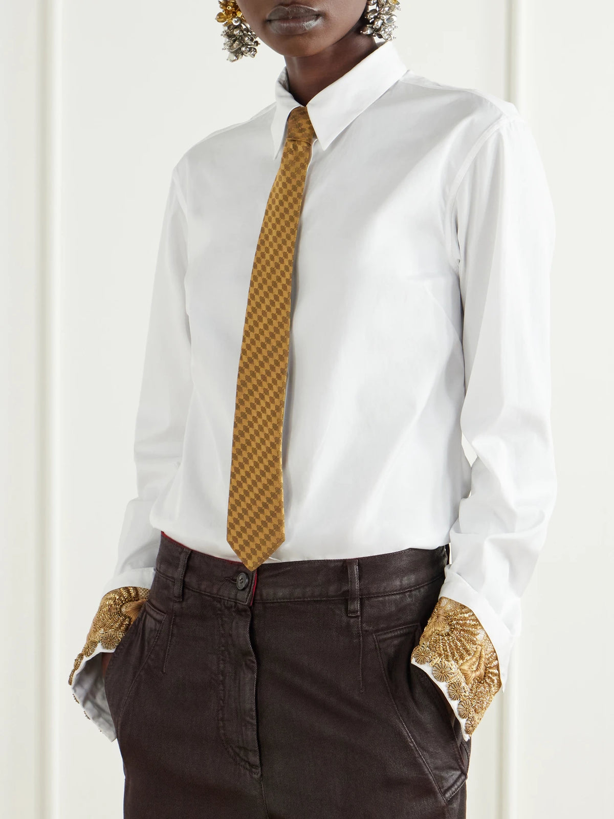 Image of Scarves & Shawls. Product name - Silk-jacquard Tie in Mustard colour by brand - Dries Van Noten