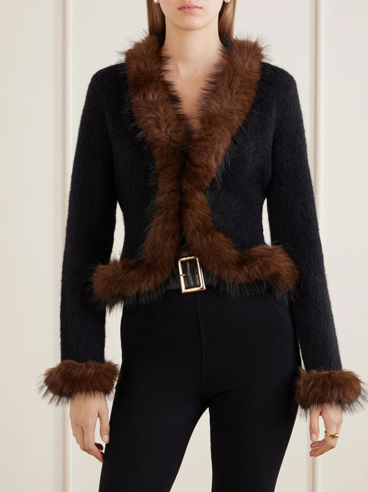 Self-Portrait Plush-trimmed Knitted Cardigan