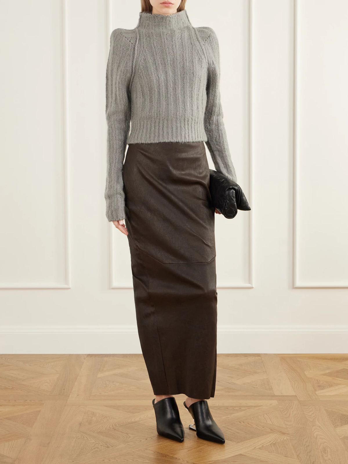 Image of a model wearing Outerwear. Product name - Cropped Ribbed Cashmere And Silk-blend Turtleneck Sweater in Gray colour by brand - Rick Owens