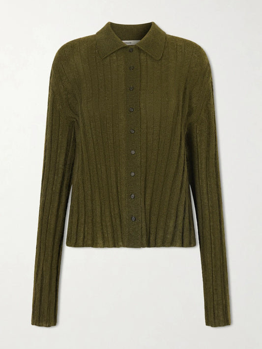 Image of a model wearing Outerwear. Product name - Meadow Ribbed Mohair And Silk-blend Cardigan in Army green colour by brand - KHAITE