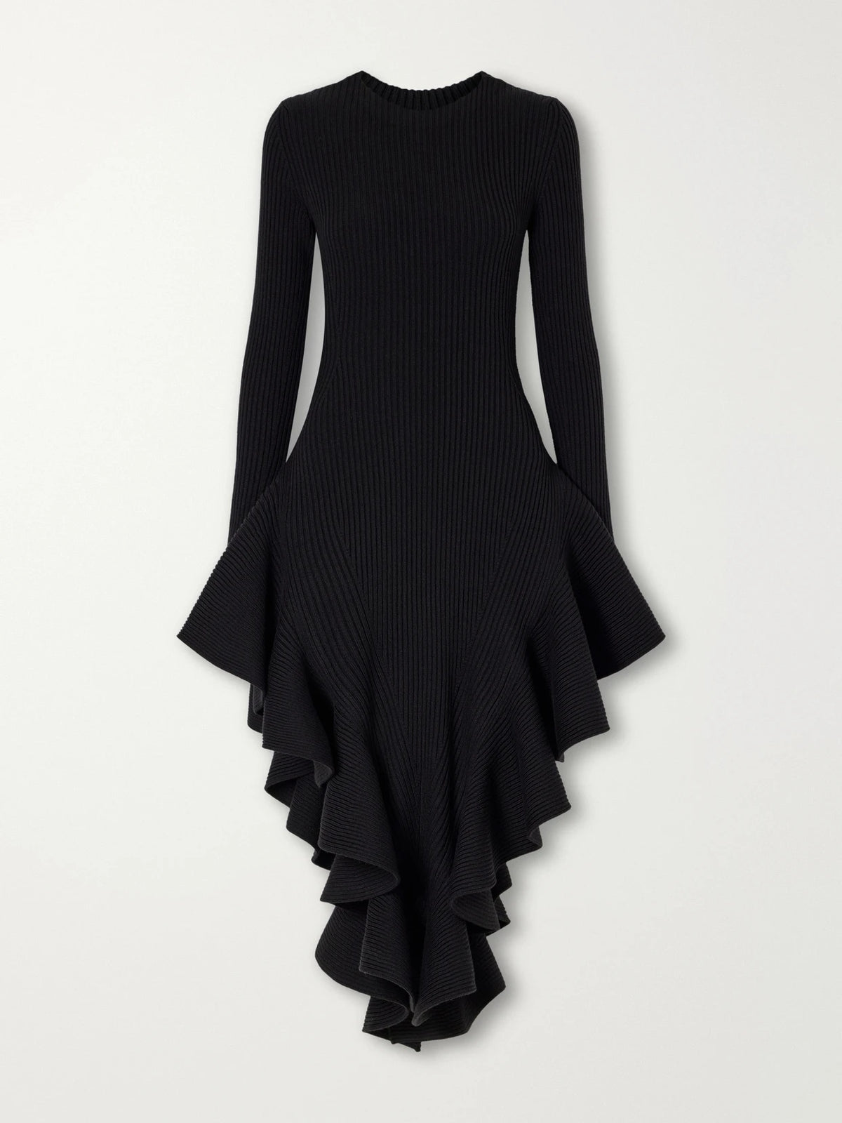 Alaïa Asymmetric Ruffled Ribbed Wool-blend Midi Dress