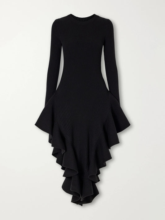 Alaïa Asymmetric Ruffled Ribbed Wool-blend Midi Dress