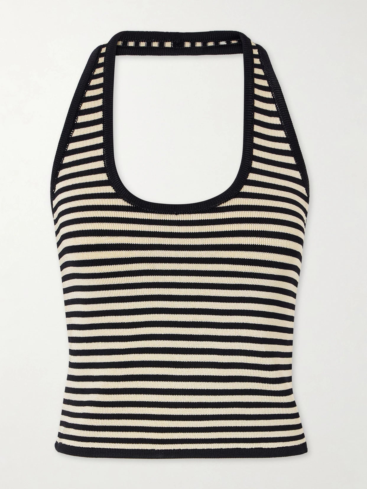 Image of a model wearing Tops. Product name - Halterneck Striped Knitted Top in Yellow colour by brand - Calle Del Mar