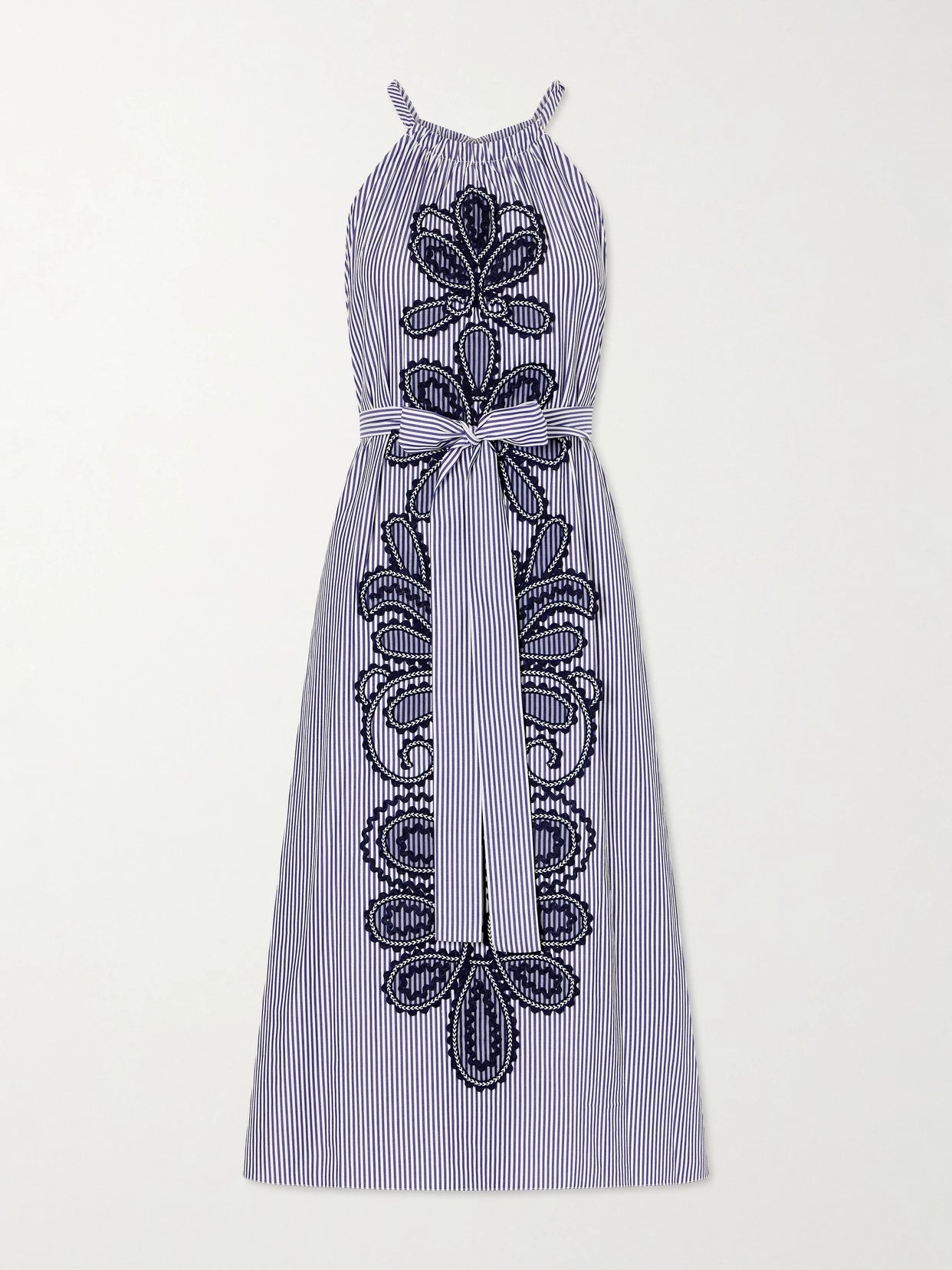 Belted Striped Embroidered Cotton-poplin Halterneck Midi Dress