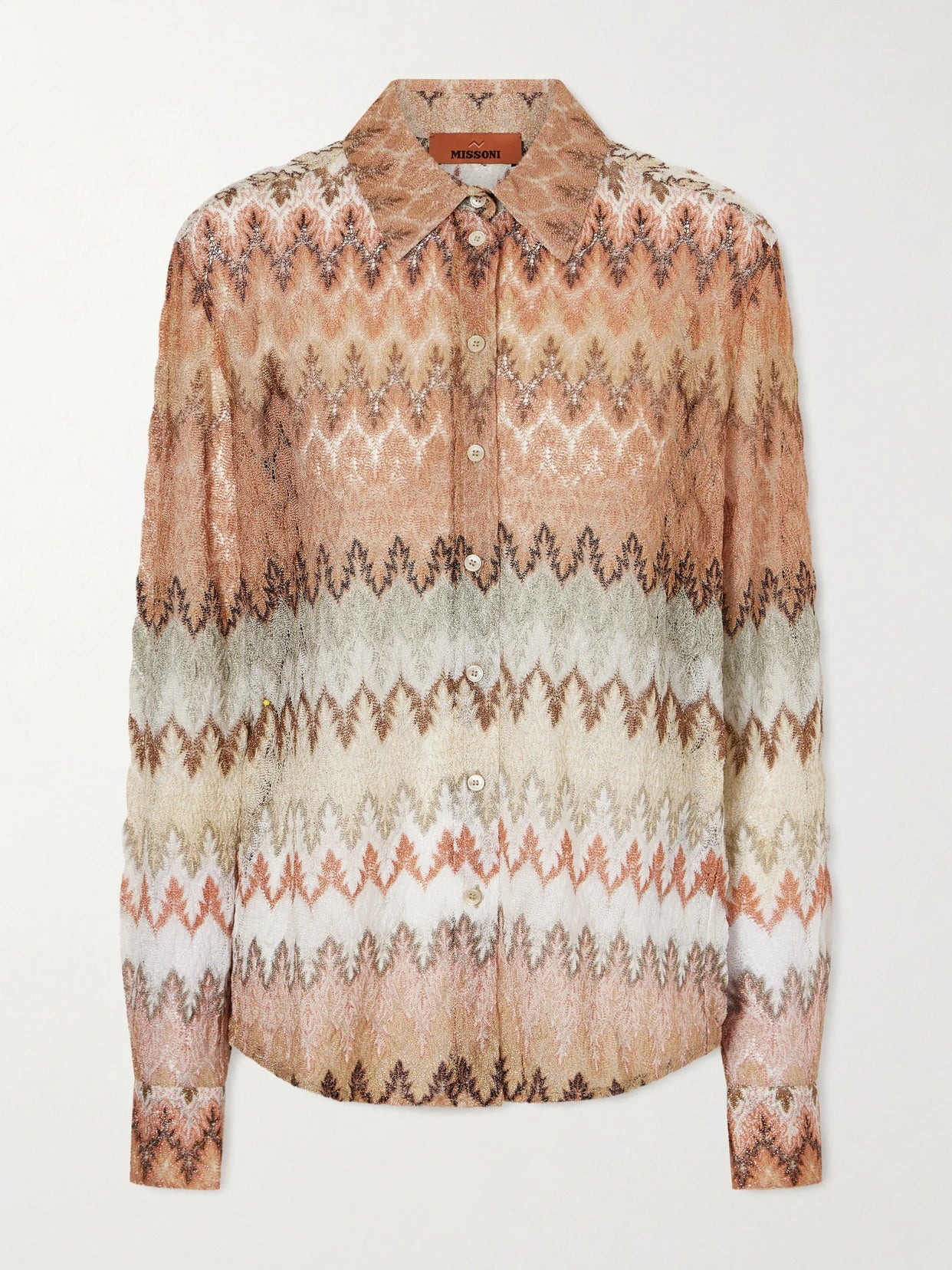 Image of a model wearing Tops. Product name - Striped Metallic Crochet-knit Shirt in Multi colour by brand - Missoni