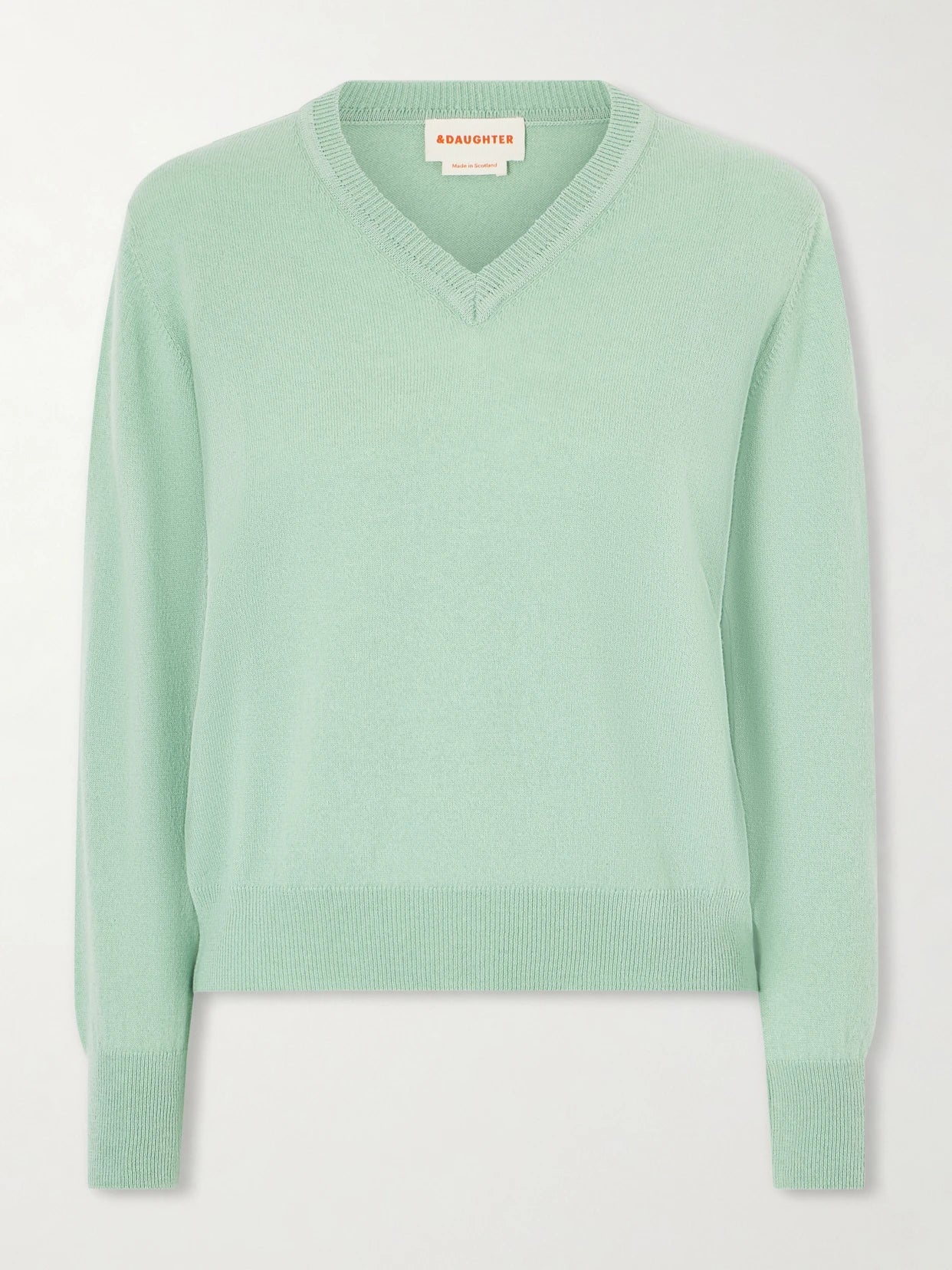 Image of a model wearing Outerwear. Product name - Slim Cashmere And Cotton-blend Sweater in Mint colour by brand - &Daughter