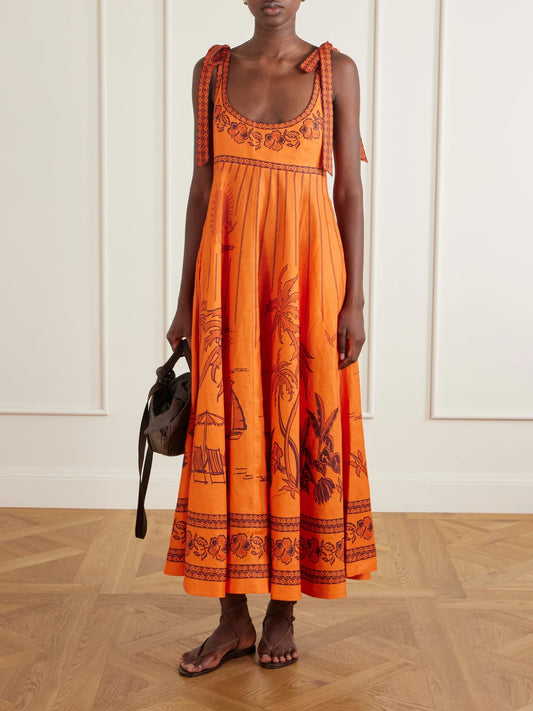 Image of Dresses. Product name - Boathouse Ballet Printed Linen Midi Dress in Orange colour by brand - ALÉMAIS