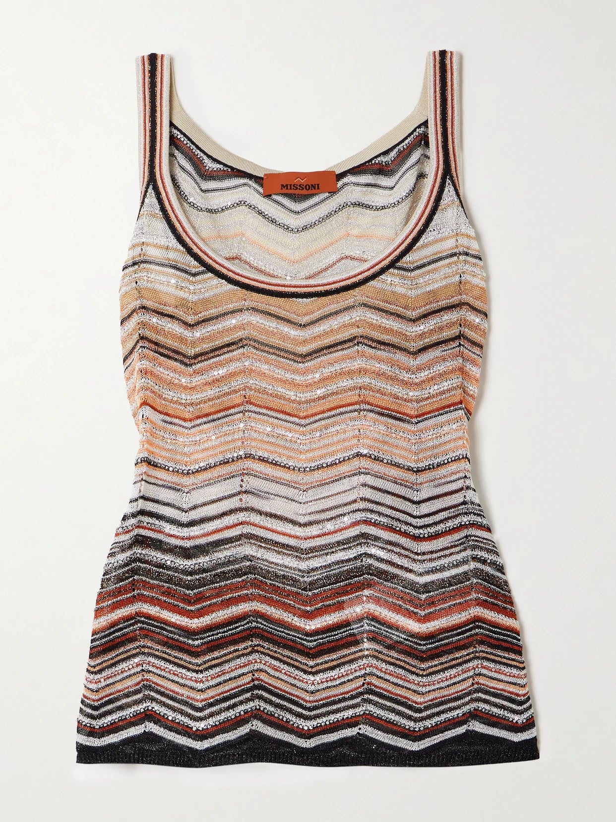 Sequin-embellished Striped Metallic Crochet-knit Tank