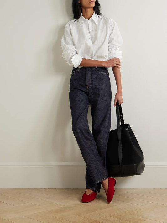 Image of Jeans. Product name - Twisted Seam High-rise Straight-leg Jeans in Navy colour by brand - TOTEME
