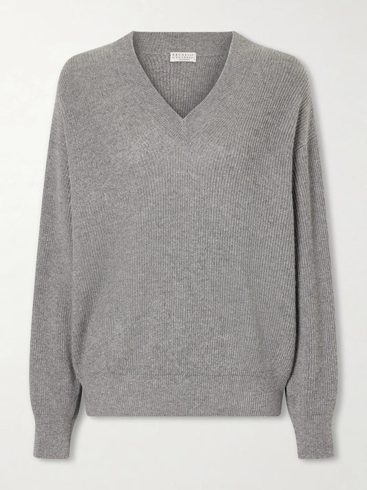 Image of a model wearing Outerwear. Product name - Ribbed-knit Metallic Cashmere-blend Sweater in Light gray colour by brand - Brunello Cucinelli