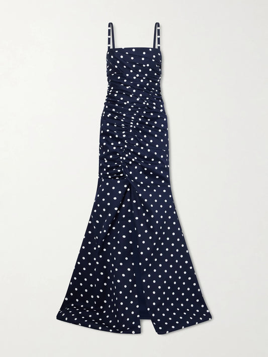 Image of Dresses. Product name - Gathered Polka-dot Cotton-blend Twill Gown in Navy colour by brand - Carolina Herrera