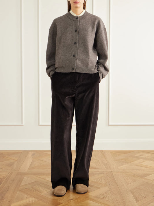 Image of a model wearing Outerwear. Product name - Arvine Wool And Cashmere-blend Cardigan in Light brown colour by brand - Studio Nicholson