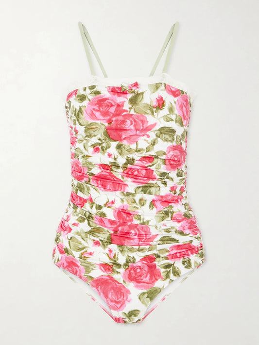 Image of Swimwear. Product name - Bow-detailed Ruched Lace-trimmed Floral-print Swimsuit in White colour by brand - Chloé