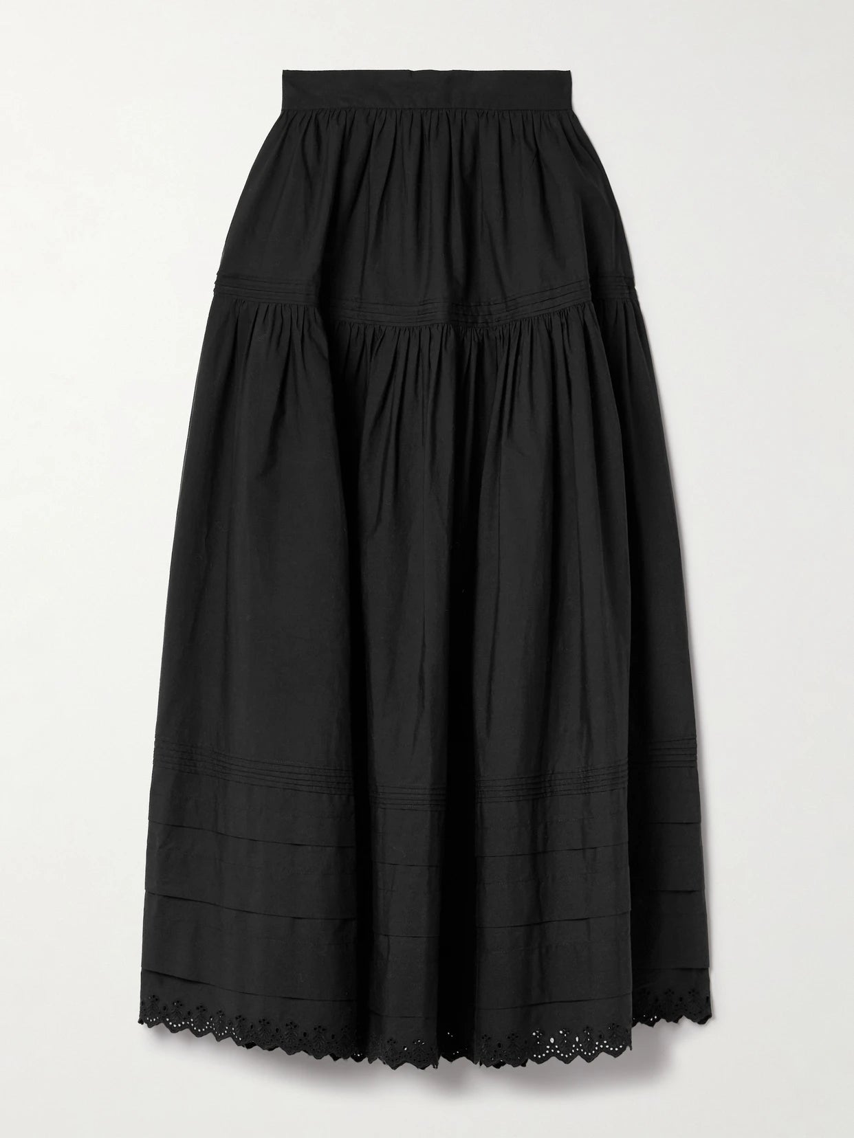 Image of a model wearing Skirts. Product name - Sebastiane Crochet-trimmed Organic Cotton-poplin Midi Skirt in Black colour by brand - DÔEN