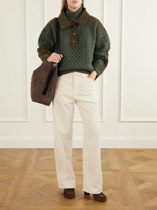 Image of a model wearing Outerwear. Product name - Allen Cotton Corduroy-trimmed Cable-knit Wool Sweater in Green colour by brand - Sea