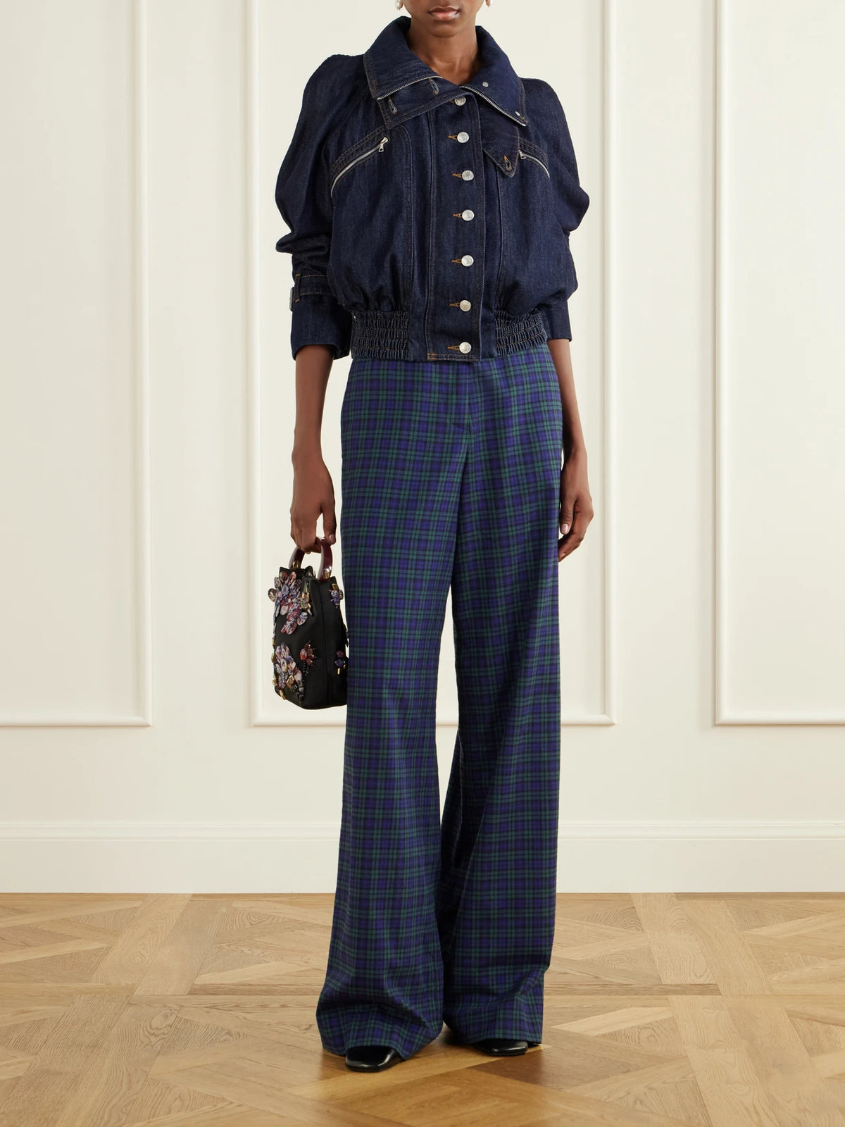 Image of a model wearing Pants. Product name - Checked Cotton Wide-leg Pants in Blue colour by brand - Dries Van Noten