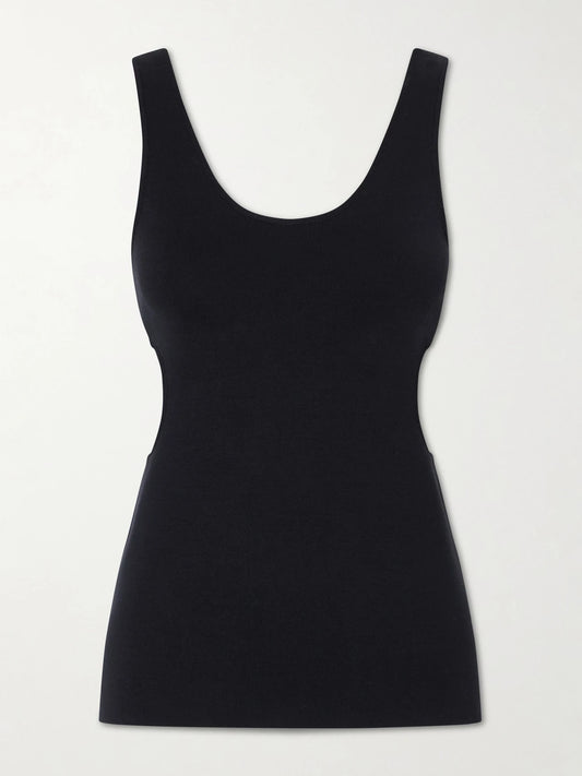 Image of a model wearing Tops. Product name - Cutout Ribbed-knit Jersey Tank in Black colour by brand - Auralee